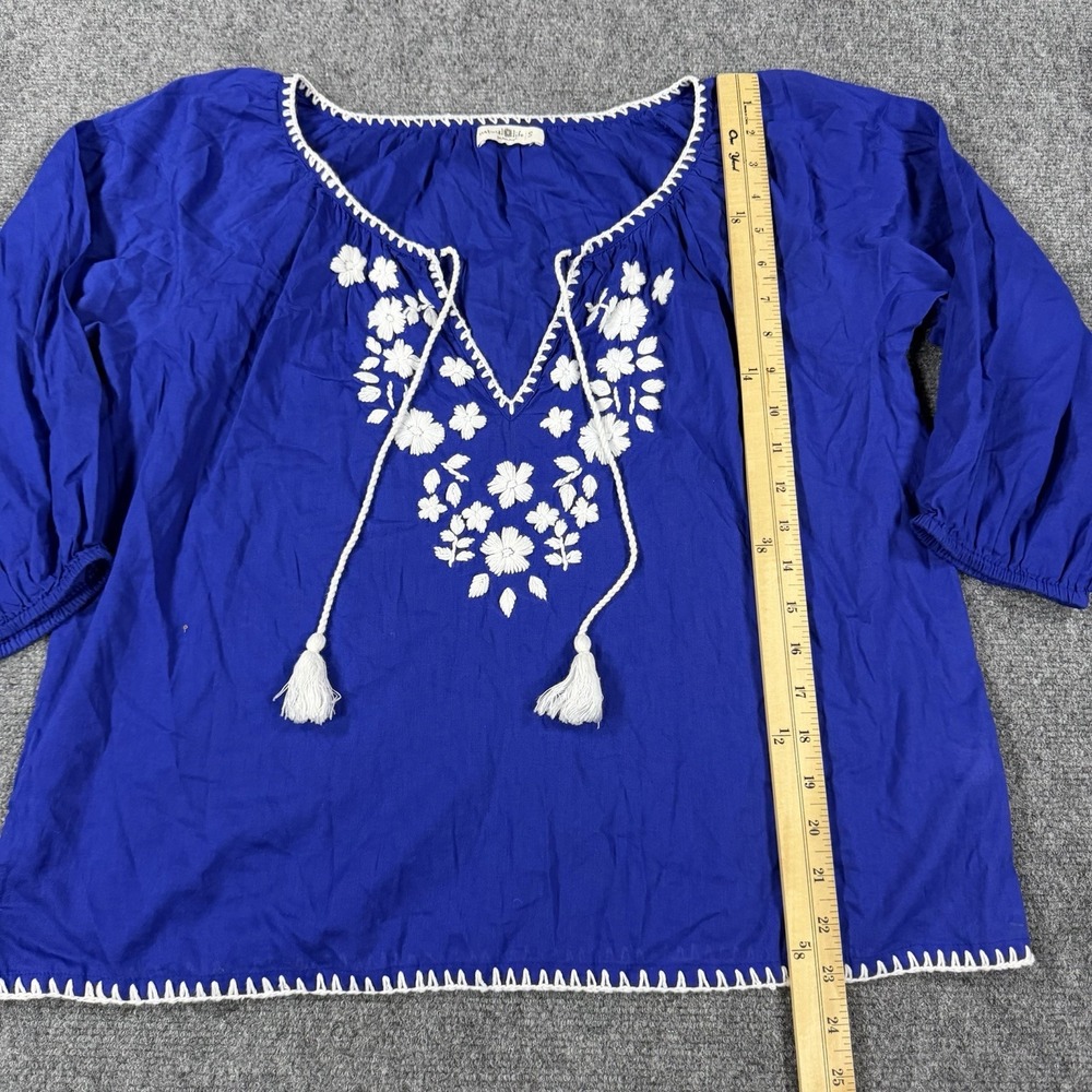 Natural Life Top Small Blue Floral Embroidered Bohemian Peasant V Neck Tassel - Picture 4 of 8